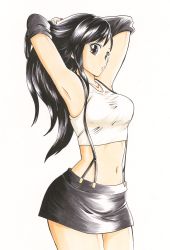Rule 34 | 1990s (style), 1girl, armpits, arms behind head, black hair, breasts, brown eyes, elbow gloves, final fantasy, final fantasy vii, fingerless gloves, gloves, highres, large breasts, long hair, midriff, navel, pencil skirt, shirt, skirt, solo, standing, suspender skirt, suspenders, taut clothes, taut shirt, tifa lockhart, traditional media, yabuno zoku hisa