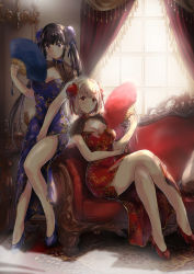 Rule 34 | 2girls, alternate costume, black hair, blonde hair, blue dress, blue footwear, blush, breasts, bun cover, china dress, chinese clothes, cleavage, cleavage cutout, closed mouth, clothing cutout, couch, crossed legs, curtains, dress, folding fan, full body, gold trim, hand fan, high heels, highres, holding, holding fan, inoue takina, large breasts, legs, lycoris recoil, matsukura nemu, medium breasts, multiple girls, nishikigi chisato, purple eyes, red eyes, red footwear, red ribbon, ribbon, short hair, short sleeves, side slit, sitting, smile, tassel, twintails, window