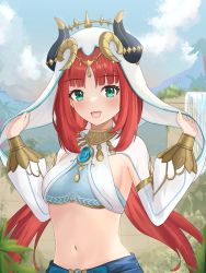 Rule 34 | 1girl, :d, absurdres, blue sky, breasts, brooch, cloud, commentary, crop top, day, genshin impact, green eyes, highres, horns, jewelry, keaworks, long hair, long sleeves, looking at viewer, medium breasts, midriff, navel, nilou (genshin impact), open mouth, red hair, sky, smile, solo, stomach, upper body, veil, very long hair