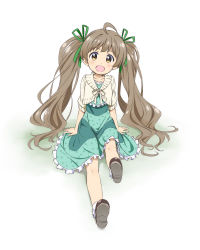 Rule 34 | 10s, 1girl, ahoge, bow, brown eyes, brown hair, dress, frilled skirt, frills, full body, green dress, hair bow, hakozaki serika, highres, idolmaster, idolmaster million live!, long hair, looking at viewer, open mouth, shoe soles, shoes, simple background, sitting, skirt, smile, solo, twintails, very long hair, yamaguchi satoshi