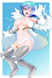 Rule 34 | 1girl, angel, angel of light nanael, angel wings, armor, belt, blue eyes, blue hair, bottle, breasts, elbow gloves, exploding clothes, gloves, greaves, green eyes, kyoku tou, matching hair/eyes, milk, nanael (queen&#039;s blade), nanael (queen's blade), nipples, one eye closed, open mouth, panties, polka dot, polka dot panties, queen&#039;s blade, sexually suggestive, short hair, solo, torn clothes, underwear, wince, wings, wink