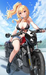 Rule 34 | 1girl, akabane (zebrasmise), armpits, bare arms, bare legs, bare shoulders, bikini, bikini top only, black bikini, black footwear, black gloves, blonde hair, blue shorts, boots, breast tattoo, breasts, cleavage, collarbone, cutoffs, day, denim, denim shorts, fingerless gloves, floating hair, gloves, grin, hair ornament, hair scrunchie, hairclip, halterneck, heart, heart-shaped pupils, heart tattoo, highres, jewelry, large breasts, long hair, looking at viewer, micro shorts, motor vehicle, motorcycle, multicolored hair, navel, necklace, original, outdoors, ponytail, red eyes, riding, scrunchie, short shorts, shorts, smile, solo, stomach, strap gap, streaked hair, string bikini, sweat, swimsuit, symbol-shaped pupils, tattoo, thigh strap, thighs, virtual youtuber, x hair ornament