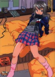 Rule 34 | 1girl, bed, bed sheet, beer can, can, curtains, drink can, grey hair, kneehighs, leaning back, long hair, newspaper, plaid, plaid skirt, rashinban, scarf, shirt, signature, skirt, smile, socks, sportswear, sushio, t-shirt, wire
