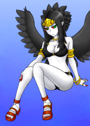 Rule 34 | 1girl, arm support, armband, bare shoulders, bikini, black bikini, black hair, black wings, blue background, blush, bracelet, breasts, cleavage, collarbone, colored sclera, duel monster, emblem, fabled grimro, feathers, feet, female focus, fingernails, frown, full body, green eyes, high heels, jewelry, leaning, legs, long fingernails, long hair, long image, looking at viewer, monster girl, multicolored eyes, nail polish, necklace, o-ring, o-ring bottom, o-ring top, pale skin, pataneet, pointy ears, red nails, red sclera, ring, sandals, shoes, simple background, sitting, solo, swimsuit, tall image, thighs, tiara, toenail polish, toenails, toes, wings, yu-gi-oh!, yu-gi-oh! duel monsters