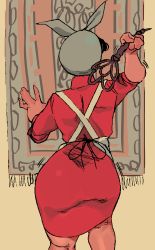 Rule 34 | 1girl, absurdres, apron, ass, cowboy shot, dress, facing away, from behind, highres, holding, jucika, jucika (comic), red dress, rug, simple background, solo, white apron, whoopsatro, yellow background