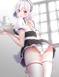Rule 34 | 1girl, absurdres, apron, ass, azur lane, blush, breasts, commentary request, core1013, frilled apron, frills, from behind, from below, hair between eyes, hairband, highres, holding, holding tray, indoors, lace-trimmed hairband, lace trim, large breasts, looking at viewer, looking back, maid apron, open mouth, panties, puffy sleeves, red eyes, red ribbon, ribbon, ribbon-trimmed legwear, ribbon trim, short hair, short sleeves, side-tie panties, sirius (azur lane), solo, thighhighs, tray, underwear, waist apron, white apron, white hair, white panties, white thighhighs, window