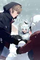 Rule 34 | 3boys, :d, arm up, black hair, blurry, blush, breath, brown hair, child, coat, depth of field, echo (circa), grey jacket, grey sky, helmet, holding snowball, hood, hood down, hood up, hooded jacket, hyuse, jacket, kuga yuuma, long sleeves, looking at another, male focus, mittens, multiple boys, open mouth, outdoors, outstretched arms, playing, profile, railing, red jacket, rindou youtarou, scarf, short hair, sky, smile, snow, snowball, snowball fight, snowing, throwing, uneven eyes, white hair, white headwear, winter clothes, world trigger