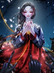 Rule 34 | 1girl, bad id, bad twitter id, black hair, braid, braided ponytail, crying, crying with eyes open, dabong, flower, hair flower, hair ornament, hanbok, highres, korean clothes, light particles, long sleeves, looking at viewer, original, parted bangs, petals, red eyes, single braid, solo, sparkle, tears, upper body