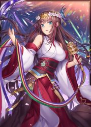 Rule 34 | 1girl, akkijin, armpits, bare shoulders, blue eyes, breasts, brown hair, card (medium), dress, flower, hair ornament, head wreath, holding, japanese clothes, large breasts, long hair, looking at viewer, night, night sky, official art, rattle, red dress, shinkai no valkyrie, sky, solo, standing, very long hair