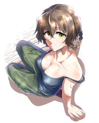 Rule 34 | 1girl, amane suzuha, braid, braided hair rings, breasts, brown hair, cargo pants, cleavage, collarbone, covered erect nipples, from above, green eyes, hair between eyes, hair rings, highres, ishii takuma, looking at viewer, medium breasts, no bra, pants, shadow, short hair, side braids, simple background, sitting, solo, steins;gate, steins;gate 0, strap slip, sweat, tank top, white background