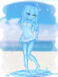 Rule 34 | 1girl, absurdres, barefoot, blue hair, blue sclera, blue skin, blurry, blurry background, blush, bow, breasts, closed mouth, colored sclera, colored skin, contrapposto, curss, depth of field, dot mouth, dot nose, frilled swimsuit, frills, full body, green eyes, hair bow, head tilt, heterochromia, highres, long hair, monster girl, navel, one-piece swimsuit, original, purple eyes, slime girl, small breasts, solo, standing, swimsuit, thigh gap, white bow, white one-piece swimsuit, wrist bow