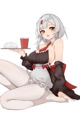 Rule 34 | 1girl, apron, bare shoulders, barefoot, braid, breasts, collarbone, cup, detached collar, detached sleeves, disposable cup, food, genshin impact, grey hair, hair ornament, hairclip, highres, holding, holding tray, inniyik, knee up, looking at viewer, medium breasts, necktie, no shoes, noelle (genshin impact), noelle (kfc) (genshin impact), open mouth, pantyhose, red necktie, shirt, short hair, short necktie, sitting, solo, strapless, strapless shirt, tray, white pantyhose, yellow eyes