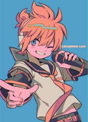Rule 34 | 1boy, belt, black pants, blue background, blue eyes, brown belt, character name, commentary, detached sleeves, fingernails, grin, hair between eyes, headphones, highres, holding, holding microphone, kagamine len, male focus, menma (enaic31), microphone, midriff peek, necktie, one eye closed, pants, sailor collar, shirt, short hair, simple background, smile, solo, vocaloid, white shirt, yellow necktie