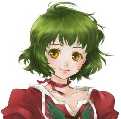 Rule 34 | 00s, 1girl, afglo, blush, choker, colored eyelashes, eyelashes, farah oersted, green hair, portrait, ribbon choker, short hair, simple background, smile, solo, tales of (series), tales of eternia, white background, yellow eyes