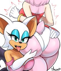 Rule 34 | 2girls, amy rose, animal ears, ass, ass grab, bare shoulders, bat ears, bmayyne, bodysuit, breasts, come hither, deep skin, dress, fangs, from behind, furry, gloves, green eyes, head out of frame, highres, huge ass, large breasts, looking at viewer, multiple girls, naughty face, open mouth, panties, rouge the bat, shiny clothes, shiny skin, short dress, short hair, smile, sonic (series), surprised, tail, tongue, tongue out, underwear