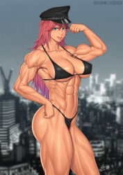 Rule 34 | 1girl, abs, biceps, bikini, blue eyes, breasts, cleavage, elee0228, ero-chong, female focus, final fight, flexing, hat, highres, large breasts, long hair, muscular, peaked cap, pink hair, poison (final fight), solo, street fighter, swimsuit, thong, veins