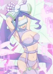 Rule 34 | 1girl, :d, armpits, arms up, belt, bikini, boots, breasts, butterfly hair ornament, butterfly wings, cleavage, commentary request, covered eyes, cowboy shot, digimon, digimon (creature), elbow gloves, facial mark, fairimon, garter straps, gloves, grey gloves, hair ornament, hairband, head-mounted display, highres, insect wings, long hair, medium breasts, midriff, miin black, navel, open mouth, parted bangs, partial commentary, purple belt, purple bikini, purple footwear, purple hair, purple hairband, shoulder pads, smile, solo, strapless, strapless bikini, swimsuit, teeth, thigh boots, upper teeth only, very long hair, wings