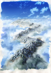 Rule 34 | above clouds, absurdres, blue sky, border, cloud, day, highres, mountain, no humans, original, sawitou mizuki, scenery, sky, traditional media, white border
