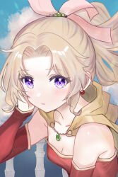 Rule 34 | 1girl, absurdres, bare shoulders, blonde hair, breasts, cleavage, detached sleeves, dress, earrings, final fantasy, final fantasy vi, highres, jewelry, long hair, looking at viewer, parted lips, ponytail, purple eyes, red dress, small breasts, solo, strapless, strapless dress, tina branford, upper body, yua 666666