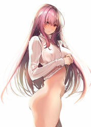 Rule 34 | 1girl, amane ruri, ass, bottomless, closed mouth, cowboy shot, covered erect nipples, fate/grand order, fate (series), highres, lifting own clothes, light smile, long hair, looking at viewer, purple hair, red eyes, scathach (fate), scathach (fate), simple background, solo, sweater, white background