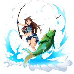 Rule 34 | 1girl, :d, ahoge, blue footwear, blue shorts, breasts, brown hair, cleavage, crop top, fish, fishing, fishing rod, floating hair, green eyes, groin, highres, holding rod, long hair, medium breasts, midriff, navel, official art, open mouth, short shorts, shorts, sima (sao), smile, solo, standing, standing on one leg, stomach, sword art online, thigh strap, transparent background, very long hair