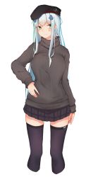 Rule 34 | 1girl, bad id, bad pixiv id, beret, black hat, black skirt, black thighhighs, blue hair, blush, brown sweater, casual, closed mouth, commentary, cropped legs, facial mark, girls&#039; frontline, green eyes, hair ornament, hand on own hip, hat, highres, hk416 (girls&#039; frontline), inniyik, long hair, long sleeves, plaid, plaid skirt, pleated skirt, ribbed sweater, simple background, skirt, sleeves past wrists, solo, sweater, thighhighs, turtleneck, turtleneck sweater, very long hair, white background