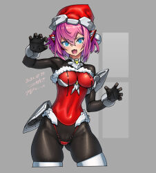 Rule 34 | 1girl, black gloves, blue eyes, breasts, covered navel, cropped legs, dated, fang, gloves, gluteal fold, grey background, hair between eyes, hat, medium breasts, open mouth, original, pink hair, santa hat, short hair, skin fang, solo, takada kazuhiro, thighhighs, two-tone bodysuit