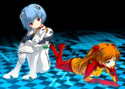 Rule 34 | 00s, 2girls, :d, ass, ayanami rei, blue eyes, blue hair, bodysuit, bracer, breasts, butt crack, checkered floor, cleavage, clothes writing, crossed legs, english text, evangelion: 2.0 you can (not) advance, full body, gloves, glowing, hair ornament, hairpods, half-closed eyes, head rest, head tilt, hugging own legs, interface headset, knees up, kurosu tsugutoshi, legs up, long hair, lying, multicolored clothes, multiple girls, neon genesis evangelion, nerv, on stomach, open mouth, orange hair, outline, own hands together, pale skin, parted lips, pilot suit, plugsuit, rebuild of evangelion, red eyes, see-through, see-through cleavage, short hair, sitting, small breasts, smile, smug, souryuu asuka langley, test plugsuit, turtleneck, twintails, two side up