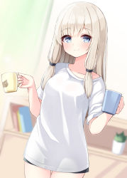 Rule 34 | 1girl, black shorts, blue eyes, blurry, blurry background, breasts, closed mouth, collarbone, commentary request, cowboy shot, cup, depth of field, highres, holding, holding cup, indoors, light brown hair, long hair, looking at viewer, medium breasts, mug, ominaeshi (takenoko), original, shirt, short shorts, short sleeves, shorts, small breasts, smile, solo, standing, thigh gap, white shirt