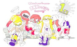 Rule 34 | 2boys, 3girls, anniversary, annoyed, arms around neck, baseball cap, beanie, bike shorts, blonde hair, commentary request, crossed legs, dark skin, english text, eyebrows, fangs, full body, hat, hat over eyes, highres, hug, hug from behind, inkling, inkling boy, inkling girl, inkling player character, legs up, long hair, looking at viewer, multiple boys, multiple girls, nintendo, official art, partially colored, ponytail, red hair, shoes, short hair, sitting, smile, sneakers, splatoon (series), splatoon 1, tentacle hair, thick eyebrows, traditional media, unworn shoes, white background