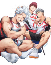 Rule 34 | 3boys, arm on another&#039;s shoulder, artist name, bandaid, bandaid on knee, bandaid on leg, bare shoulders, basketball jersey, basketball uniform, biceps, black shorts, chair, clenched teeth, closed mouth, clothes writing, commentary request, crossed legs, expressionless, green eyes, grey hair, hair between eyes, hand on another&#039;s head, highres, jersey, knee pads, kneeling, looking at viewer, male focus, multicolored clothes, multicolored shorts, multiple boys, on chair, orange shorts, original, parted lips, red hair, shirt, shoes, short hair, shorts, simple background, sitting, sneakers, socks, spiked hair, sportswear, sweat, teeth, undercut, v-shaped eyebrows, white background, white footwear, white hair, white shorts, white socks, yellow eyes, zawar379