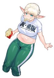 Rule 34 | 1girl, blue eyes, breasts, curvy, elf, elf-san wa yaserarenai., erufuda-san, food, french fries, from above, highres, large breasts, plump, pointy ears, short hair, simple background, sitting, solo, stomach, sweat, synecdoche, thighs, white background