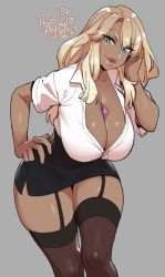 Rule 34 | 1girl, 2021, agawa ryou, aqua eyes, blouse, breasts, brown hair, brown thighhighs, curvy, dark-skinned female, dark skin, dated, grey background, hand on own hip, huge breasts, long hair, looking at viewer, open clothes, open shirt, original, shirt, simple background, smile, solo, thick thighs, thighhighs, thighs, white shirt, wide hips