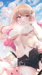 Rule 34 | 1girl, amiko (frostedchocolate), ayaginu temari, black shorts, breasts, brown hair, commission, cowboy shot, crop top, crop top overhang, cropped jacket, flower knot, hair ribbon, hand up, highres, isekai tensei shite v ni narimashita, jacket, large breasts, long hair, long sleeves, looking at viewer, midriff, mole, mole under eye, navel, open clothes, open fly, open jacket, open mouth, pink eyes, ribbon, second-party source, see-through silhouette, shirt, short shorts, shorts, skeb commission, smile, solo, stomach, underboob, virtual youtuber, white jacket, white shirt