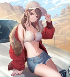Rule 34 | 1girl, absurdres, arm support, bare shoulders, bikini, bikini top only, bikini under clothes, blue sky, breasts, brown eyes, brown hair, buttons, car, cleavage, closed mouth, cloud, collarbone, commentary request, cutoffs, day, denim, denim shorts, desert, earrings, fur-trimmed jacket, fur trim, hand on headwear, hand up, hat, head tilt, highres, jacket, jewelry, lipstick, long hair, long sleeves, looking at viewer, makeup, medium breasts, motor vehicle, nail polish, navel, off shoulder, on vehicle, open clothes, open jacket, original, outdoors, peaked cap, puffy sleeves, red jacket, red nails, short shorts, shorts, sidelocks, sitting, sky, solo, stomach, swept bangs, swimsuit, teffish, thighs, white bikini, white hat, zipper