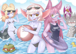 Rule 34 | 2boys, 3girls, absurdres, alternate hair color, animal ears, bikini, black bikini, blonde hair, blue one-piece swimsuit, blue skin, blue sky, breasts, closed mouth, cloud, collarbone, colored skin, cowboy shot, day, eating, eyebrows, eyelashes, fairy, fangs, goggles, green eyes, green headwear, hat, highres, league of legends, long ears, long hair, looking at another, looking at viewer, lulu (league of legends), medium breasts, medium hair, multiple boys, multiple girls, muscular, muscular female, no pupils, one-piece swimsuit, one eye closed, open mouth, petite, pink hair, pink skin, pix (league of legends), poppy (league of legends), purple eyes, rock, rumble (league of legends), sitting, sitting on rock, sky, small breasts, smile, standing, sunglasses, sunglasses on head, swimsuit, teemo, tristana, twintails, very long hair, water, white hair, yandere rabbit, yellow eyes, yordle