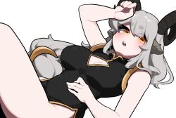 Rule 34 | 1girl, :o, absurdres, animal ears, black dress, black horns, blush, bolt (min lona), breasts, china dress, chinese clothes, cleavage, cleavage cutout, clothing cutout, dress, goat ears, goat girl, goat horns, grey hair, hand on own stomach, highres, horizontal pupils, horns, large breasts, long hair, looking at viewer, low-tied long hair, lying, min lona, on back, open mouth, original, simple background, sleeveless, sleeveless dress, solo, very long hair, white background, yellow eyes