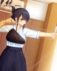 Rule 34 | 1girl, archery, arrow (projectile), black hair, black hakama, bow (weapon), drawing bow, dutch angle, folded ponytail, gloves, hakama, highres, holding, holding bow (weapon), holding weapon, indoors, japanese clothes, kyuudou, muneate, official art, partially fingerless gloves, peropero saimin, short sleeves, sidelocks, solo, standing, transparent, umeboshi jin, weapon