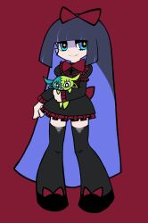 Rule 34 | + +, 1girl, black dress, black footwear, black souls, black thighhighs, blue eyes, blue hair, bow, bowtie, center frills, cross, dark blue hair, dress, frilled skirt, frills, hair bow, highres, koshou shou mitsu, long hair, looking at viewer, panty &amp; stocking with garterbelt, parody, red bow, red bowtie, skirt, smile, socks, solo, style parody, symbol-shaped pupils, thighhighs, yellow pupils