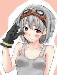 Rule 34 | 10s, 1girl, bad id, bad pixiv id, bare shoulders, black gloves, blush, breasts, clenched hand, closed mouth, collarbone, covered erect nipples, dust box, embarrassed, gloves, god eater, god eater burst, goggles, goggles on head, grey shirt, twirling hair, hand up, head tilt, kusunoki rikka, lips, looking at viewer, no bra, outline, parted bangs, pink background, red eyes, shirt, short hair, silver hair, simple background, sketch, small breasts, solo, tank top, upper body