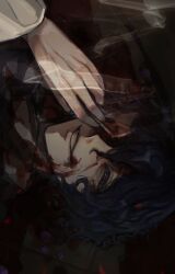 Rule 34 | 1boy, absurdres, blood, blood on clothes, blood on face, blue hair, chinese commentary, cigarette, commentary request, dark blue hair, grey eyes, grin, hair between eyes, highres, holding, holding cigarette, long sleeves, male focus, saibou shinkyoku, short hair, smile, smoke, solo, sputniklover-1, utsugi noriyuki, wavy hair