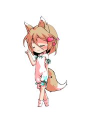 Rule 34 | 1girl, animal ears, blonde hair, blush, bow, breasts, chibi, closed eyes, closed mouth, dairi, fox ears, fox tail, full body, green bow, hair between eyes, hand up, heart, jumpsuit, kudamaki tsukasa, short hair, short sleeves, simple background, small breasts, smile, socks, solo, standing, tachi-e, tail, test tube, touhou, transparent background, white background, white jumpsuit, white sleeves, white socks