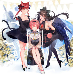 Rule 34 | 4girls, :d, alternate costume, animal ears, bare arms, bare shoulders, black dress, black footwear, black hairband, black legwear, black ribbon, black wings, bow, braid, breasts, brown hair, cat ears, cat tail, chair, cleavage, collarbone, commentary request, dress, expressionless, feathered wings, frilled shirt collar, frills, full body, green bow, hair between eyes, hair bow, hair ornament, hair ribbon, hairband, halter dress, halterneck, hand up, hat, heart, heart hair ornament, high heels, highres, holding, holding skull, holding weapon, kaenbyou rin, komeiji koishi, komeiji satori, long hair, looking at viewer, medium breasts, multiple girls, multiple tails, neck ribbon, open mouth, pantyhose, pink bow, pink eyes, pink hair, puffy sleeves, red eyes, red hair, reiuji utsuho, ribbon, short dress, short hair, sitting, skull, smile, standing, tail, thighs, third eye, tian (my dear), touhou, twin braids, twintails, two tails, weapon, white footwear, wings, yellow ribbon