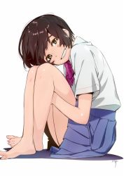 Rule 34 | 1girl, bare legs, barefoot, blue skirt, blush stickers, bow, bowtie, brown hair, commentary, crossed legs, feet, from side, full body, green eyes, grey shirt, head on knees, head tilt, hugging own legs, kawai makoto, looking at viewer, looking to the side, original, pink bow, pink bowtie, pleated skirt, shirt, short hair, short sleeves, simple background, sitting, skirt, smile, solo, white background