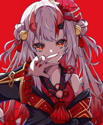 Rule 34 | 1girl, absurdres, bare shoulders, bell, black kimono, double bun, frilled sleeves, frills, gold trim, gradient hair, hair between eyes, hair bun, hair ornament, hand up, highres, hololive, horn ornament, horns, japanese clothes, jingle bell, kimono, long hair, long sleeves, looking at viewer, mask, mask on head, multicolored hair, nail polish, nakiri ayame, nakiri ayame (1st costume), obi, off shoulder, oni, oni mask, pension z, pom pom (clothes), red background, red eyes, red hair, sash, silver hair, simple background, skin-covered horns, smile, solo, streaked hair, virtual youtuber
