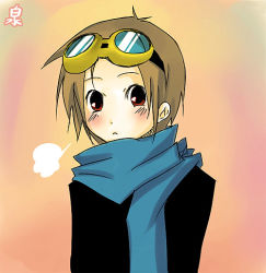 Rule 34 | 00s, 1boy, :&lt;, blush, brown hair, digimon, digimon tamers, goggles, gradient background, male focus, matsuda takato, red eyes, scarf, solo
