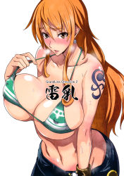 Rule 34 | 1girl, bare shoulders, bikini, bikini top only, blush, breast press, breasts, brown eyes, covered erect nipples, curvy, denim, earrings, highres, huge breasts, isao, jeans, jewelry, long hair, looking at viewer, nami (one piece), navel, one piece, open mouth, orange hair, pants, sabaody archipelago, simple background, solo, standing, sweat, swimsuit, tattoo, white background