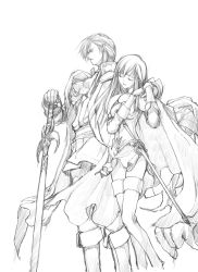 Rule 34 | 1boy, 1girl, boots, brother and sister, cape, closed eyes, couple, eldigan (fire emblem), fire emblem, fire emblem: genealogy of the holy war, gloves, greyscale, hand on hilt, hetero, lachesis (fire emblem), monochrome, nakabayashi reimei, nintendo, profile, sheath, sheathed, siblings, sketch, sword, tears, thighhighs, unfinished, weapon