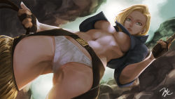 Rule 34 | +21yc (september breeze), 1girl, 21yc (september breeze), android 18, areola slip, belt, black gloves, blonde hair, blue eyes, blue jacket, breasts, chaps, closed mouth, cloud, cropped jacket, day, dragon ball, dragonball z, dutch angle, earrings, fingerless gloves, fringe trim, from below, frown, gloves, gun, handgun, highres, holding, holding gun, holding weapon, jacket, jewelry, large breasts, looking at viewer, navel, no bra, outdoors, panties, partially visible vulva, rock, short hair, signature, sky, sleeves rolled up, solo, standing, stomach, toned, underboob, underwear, upshirt, weapon, whip, white legwear, white panties
