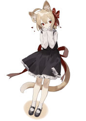 Rule 34 | 1girl, absurdres, ahoge, animal ear fluff, animal ears, back bow, black dress, black footwear, blonde hair, blush, bow, cat ears, cat tail, crossed bangs, dress, frilled dress, frills, hair bow, hands on own face, heart, highres, kemonomimi mode, long sleeves, looking at viewer, mary janes, red bow, red eyes, rumia, sh (shinh), shirt, shoes, short hair, sidelocks, simple background, smile, socks, solo, striped, striped bow, tail, touhou, white background, white shirt, white socks